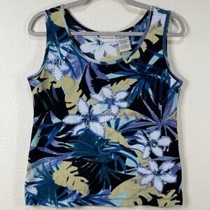 Vintage 90s Y2k Blue Floral Tropical Beaded Ribbed Tank Top Whimsigoth Fairy M